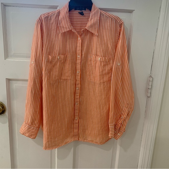 Women’s Lauren Ralph Lauren Orange Striped Button Down Linen Top Preppy Size 1X - Picture 1 of 10